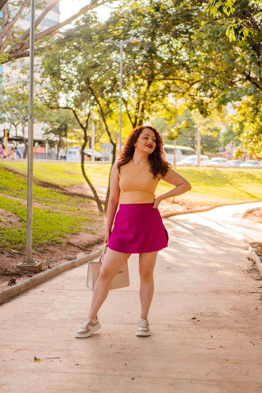 Look Saia Pink com Tons Terrosos