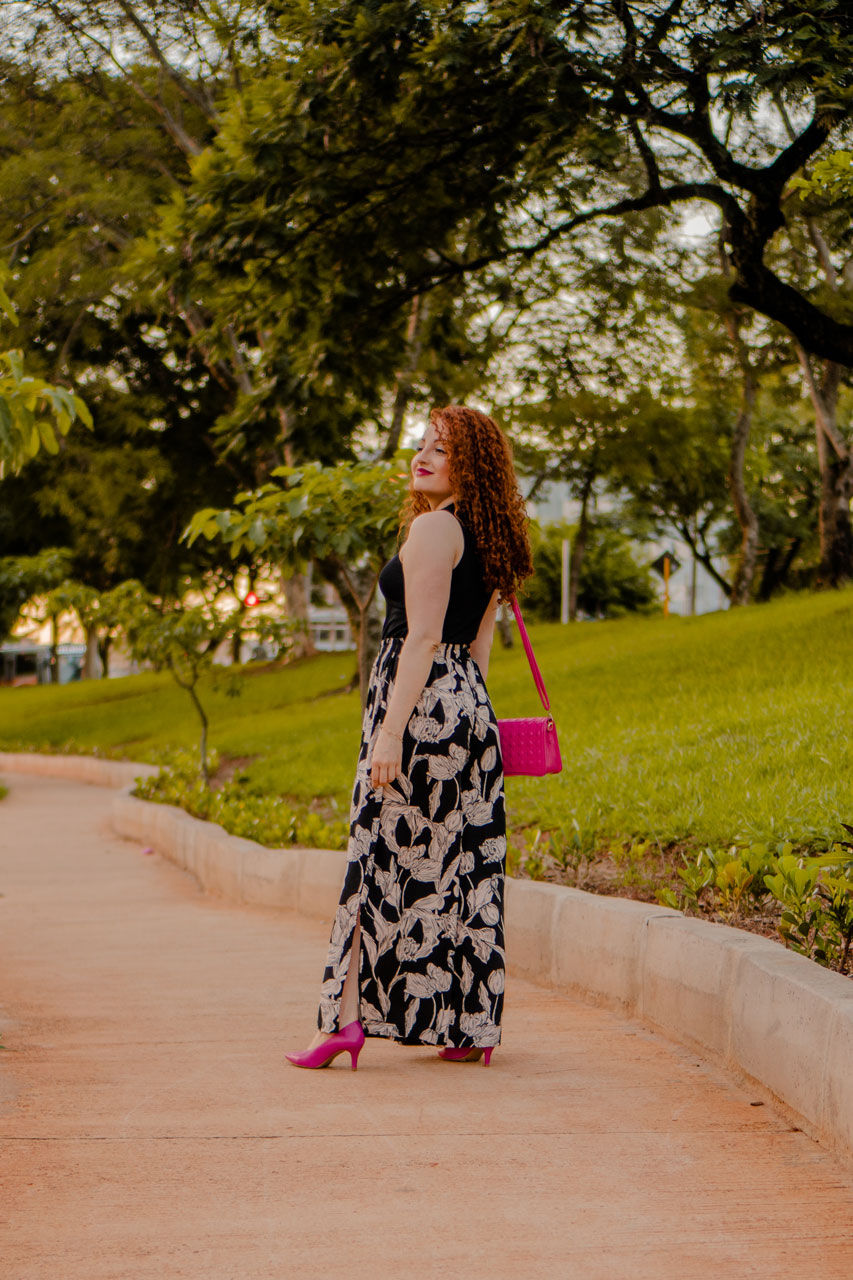 Calca Preta Estampada com Pink